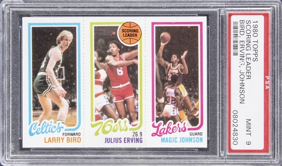 1980-81 Topps Larry Bird/Magic Johnson Rookie Card w/ Julius Erving - PSA MINT 9